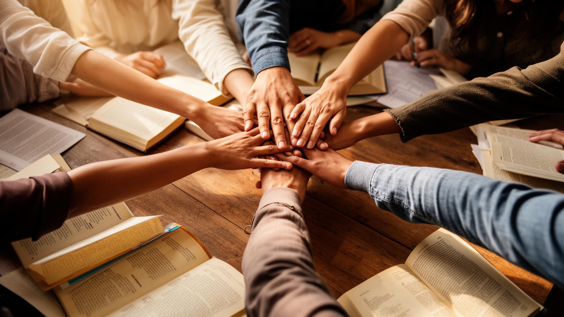 Mani diverse unite attorno a libri